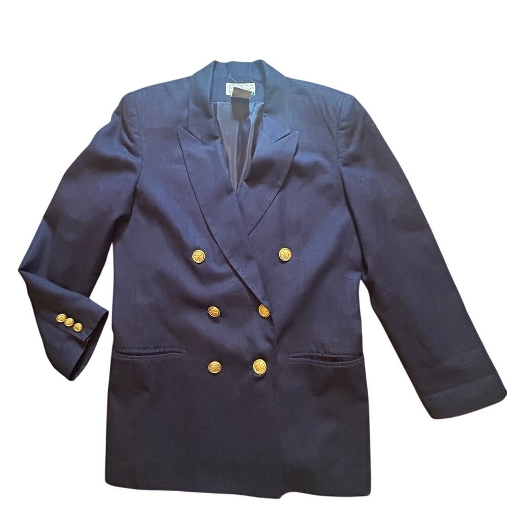 VTG Worthington Heights Double Breasted Blazer Navy Blue Gold Button Petite M